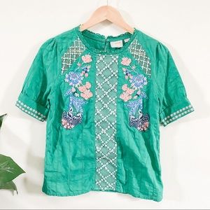 Maeve green Short sleeve blouse with embroidery